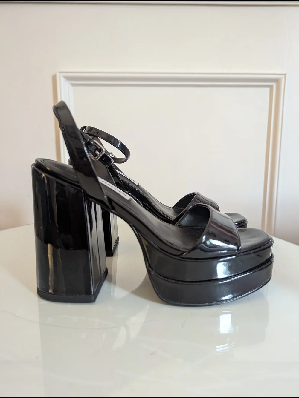 Steve Madden Black Patent Platform Block Heel Sandals